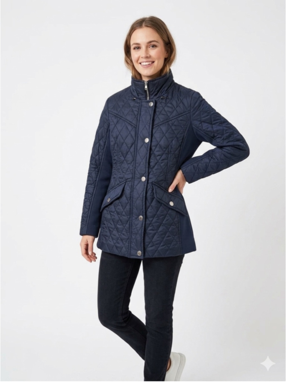 London Fog Women's Stretch-Panel Diamond Quilted Riding Jacket Navy Blue Medium